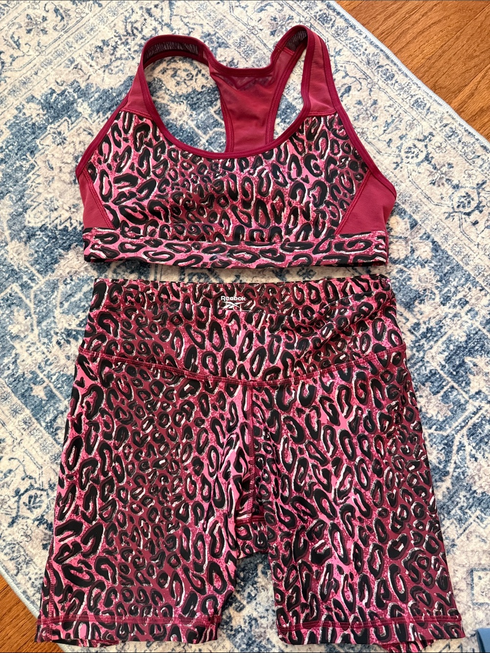 Reebok Hot Pink and Black Leopard Print Sports Bra & Bike Shorts Set